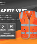 High Visibility Safety Vest With Nine Pockets Zipper Closure Padded Neck And 360 Degree Reflective Strips ANSI ISEA Type R Class 2
