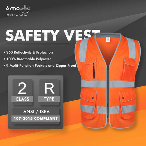 High Visibility Safety Vest With Nine Pockets Zipper Closure Padded Neck And 360 Degree Reflective Strips ANSI ISEA Type R Class 2