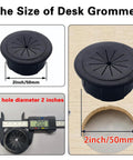 Super Sleek Two Inch Desk Grommet Cable Hole Covers showing size measurements for 2 inch black ABS desk grommet.