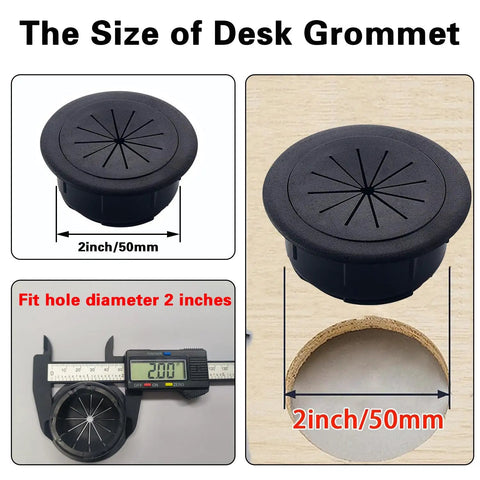 Super Sleek Two Inch Desk Grommet Cable Hole Covers showing size measurements for 2 inch black ABS desk grommet.