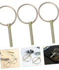 Heavy Duty Lynch Pin Kit With Rings Eight Piece Assortment For Trailers, Trucks And Mowers Galvanized Steel Safety Pins For Secure Attachment And Quick, Reliable Locking In Tough Jobs. Three galvanized steel lynch pins with rings shown with close-up uses