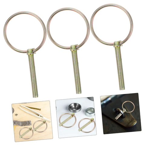 Heavy Duty Lynch Pin Kit With Rings Eight Piece Assortment For Trailers, Trucks And Mowers Galvanized Steel Safety Pins For Secure Attachment And Quick, Reliable Locking In Tough Jobs. Three galvanized steel lynch pins with rings shown with close-up uses