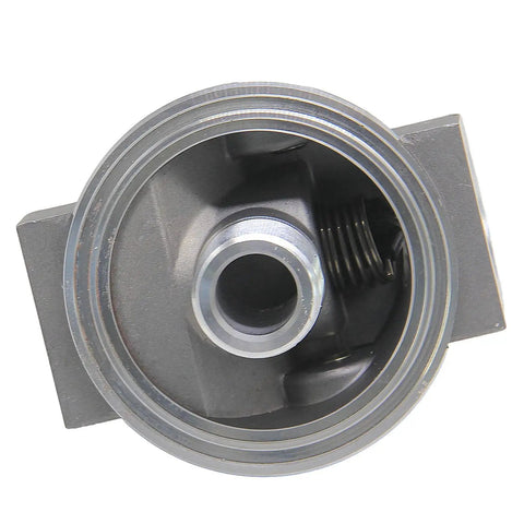Top view of heavy duty hydraulic filter base oil filter head assembly with 3/4 NPTF ports and 1-12 thread, grey metal finish.