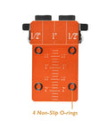 Solid Aluminum Dowel Jig Kit With Laser Cut Witness Mark And Depth Scale for precise drilling, front view showing measurements