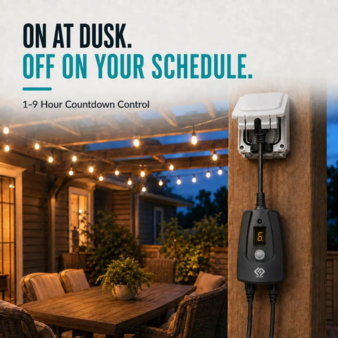 Built Tough Outdoor 24 Hour Light Timer With Photocell Dusk To Dawn Sensor plugged into patio post with countdown control display.