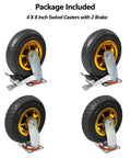 Heavy Duty 8 Inch Swivel Casters Set Of 4 With Two Brakes, showing each caster in a standing position with gold rims and black rubber wheels.