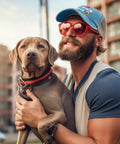 Man wearing Go To Outdoor Trucker Cap For Men With Lake Blue Color Breathable Comfort Adjustable Buckle holding a dog