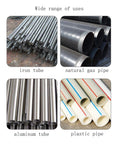 Heavy Duty Ratchet Pipe Threader With Seven Dies Set shown with iron, natural gas, aluminum, and plastic pipes for plumbing use.