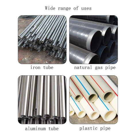 Heavy Duty Ratchet Pipe Threader With Seven Dies Set shown with iron, natural gas, aluminum, and plastic pipes for plumbing use.