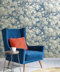 Room with French Antique Floral Removable Wallpaper In Wedgwood Blue Gray And White, Double Roll Set Delivering 56 Sq Ft, chair.