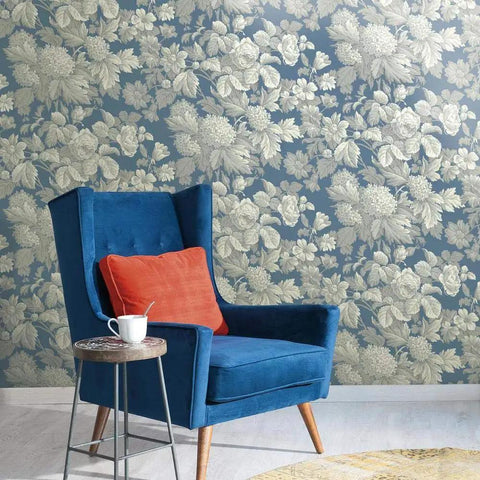 Room with French Antique Floral Removable Wallpaper In Wedgwood Blue Gray And White, Double Roll Set Delivering 56 Sq Ft, chair.