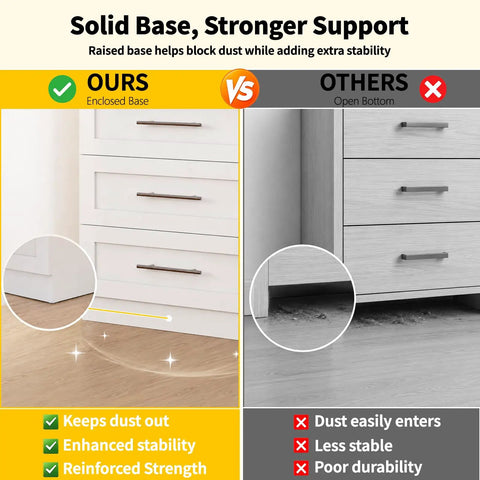 Comparison of modular closet systems: left shows solid base, right shows open bottom. Highlighting dust prevention and stability features.