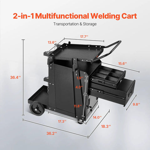Heavy Duty Welding Cart With 2 Drawers Lockable Cabinet 350 Lbs Capacity 360 Degree Swivel Wheels Tank Storage Safety Chains For MIG TIG Welder And Plasma Cutter, side view with dimensions shown