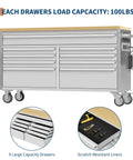Silver tool chest with 61-inch mobile tool chest with 15 drawers and 18-inch deep wood top lockable rolling metal storage cabinet.