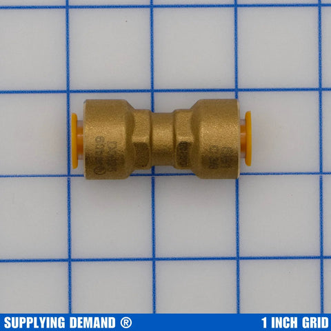 Side view of brass 3/8-in quick-connect HVAC coupling with orange plastic ends