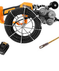 Automatic Electric Wire Puller And Stringing Machine With Slick Variable Speed Control And No Sweat 360 Flex Head For Tough Electrical Or Pipe Threading Tasks On Site Featuring Solid 10000 Mah Battery displayed with wire spool and battery.