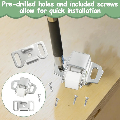 Installing Spring Loaded Roller Latch Replacement Kit for Cabinets and Mailbox Doors with screws and strike plate on wood surface