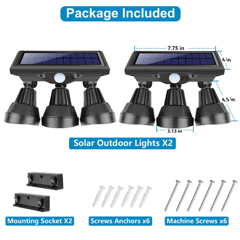 Package includes Solar Outdoor Lights With Motion Sensor For Yard And Garage Boss Level Bright 7000K Flood Light With 3 Adjustable Heads