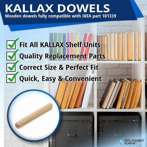 Heavy Duty Wooden Dowel Pins Six By Fifty Millimeter Straight Shot Replacement For Flat Pack Furniture And Wobbly Shelves Solid Core Joint Reinforcement Makes Quick Repairs in a shelf display.