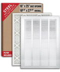 Fits 16x25 Duct Opening Return Air Grille With Filter Included And Removable Door Steel White Vent Cover 18 5/8 Inches Wide By 27 5/8 Inches High For Wall Or Ceiling, showing packaging and grille detail.