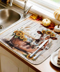 Fall Thanksgiving Sunflower Cow Themed Dish Drying Mat For Kitchen Counter Absorbent Microfiber With Cushioned Core No Fuss Easy Care