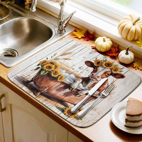 Fall Thanksgiving Sunflower Cow Themed Dish Drying Mat For Kitchen Counter Absorbent Microfiber With Cushioned Core No Fuss Easy Care