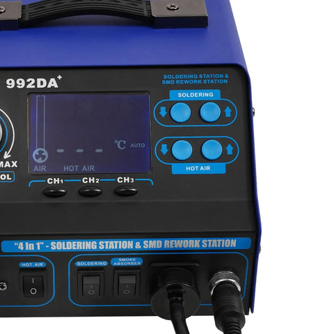 Front view of 780W Soldering And Desoldering Station Kit With Hot Air Gun, LCD Display, and Smoke Absorber for electronics repair.