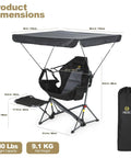 Comfy Hammock Chair With Canopy And Detachable Footrest dimensions, folding design and carry bag shown