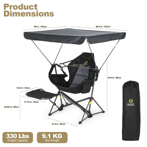 Comfy Hammock Chair With Canopy And Detachable Footrest dimensions, folding design and carry bag shown