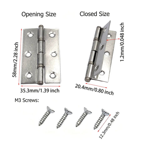 10 Pack 2.28 Inch Silent Cabinet Door Hinges Stainless Steel Folding Butt Hinges Opening Size 58x35x1.2mm with screws