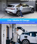 Portable Level 1 Plus Level 2 Electric Vehicle Charger Drops Straight Into Nema 6 20 Outlet And Blasts Out 16 Amp Fast Charge For J1772 Cars, charging an EV at home and outdoors.