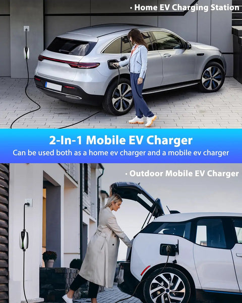 Portable Level 1 Plus Level 2 Electric Vehicle Charger Drops Straight Into Nema 6 20 Outlet And Blasts Out 16 Amp Fast Charge For J1772 Cars, charging an EV at home and outdoors.