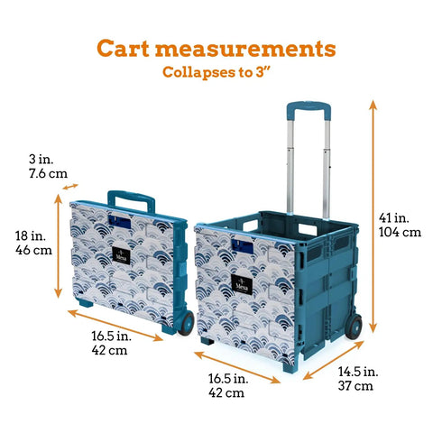 Ultra Slim Rolling Storage Cart With Telescopic Handle Collapsible Utility Cart showing folded and extended states with measurements