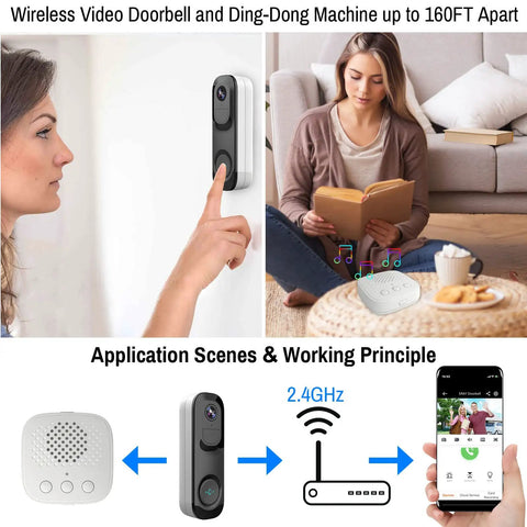 Installation and use of 2K HDR Wireless Doorbell Camera with Rechargeable Battery, Chime Included showcasing 160-degree view and smartphone app.