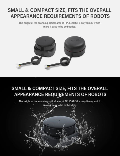 RPLIDAR S2 2D 360 Degree LIDAR Sensor with compact design, 30m scanning range, shown in dry and wet conditions for robots.