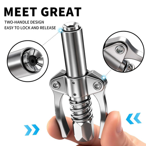 Grease gun coupler with dual lock-on handles, chrome-plated metal, 12000 PSI, 1/8in NPT