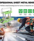 Pro Grade Metal Roller Bender Kit For 0 To 90 Degree Bends in use by workers, built for aluminum copper and steel, DIY roof trim fabrication.