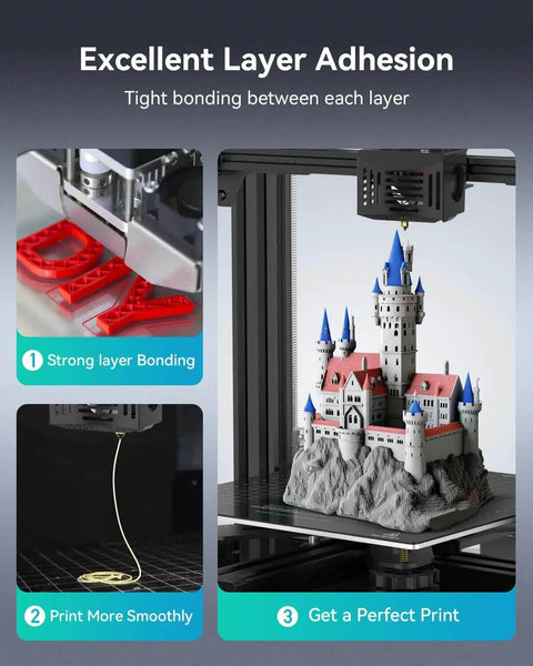 3D printer using PETG Filament 1.75mm 4Kg Bundle Black for 3D printing, showcasing strong layer adhesion with castle model.