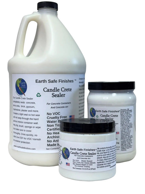 Protect Your Driveway And Patio Floors With This Water Based Clear Sealer That Glides On Smooth As Butter Zero Hassle Cleanup Just Wipe It Away With Warm Soap And Water All Year Long In The Usa, showing three sizes of eco-friendly Candle Crete Sealer.