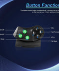 Diagram of Universal Bluetooth Steering Wheel Remote For Car Stereo With Hands Free Calls Music And Video, button functions labeled.