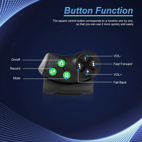 Diagram of Universal Bluetooth Steering Wheel Remote For Car Stereo With Hands Free Calls Music And Video, button functions labeled.