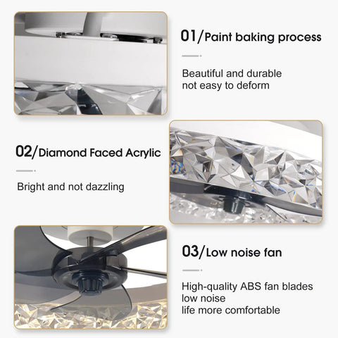 Modern Indoor Flush Mount Ceiling Fan With Lights Remote Controlled Dimmable LEDs crystal style details close-up view
