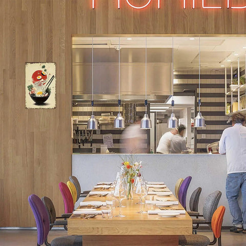 Funny Vintage Ramen Bowl Metal Sign Wall Art 8x12 Inches Tin Sign displayed in modern café interior
