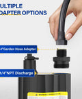 Illustration showing adapter options for Submersible Water Pump 1/6 HP Sump Pump Thermoplastic Utility Pump Workhorse 1760 GPH