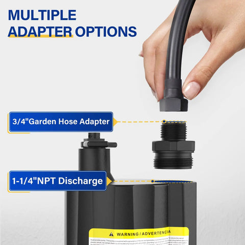 Illustration showing adapter options for Submersible Water Pump 1/6 HP Sump Pump Thermoplastic Utility Pump Workhorse 1760 GPH