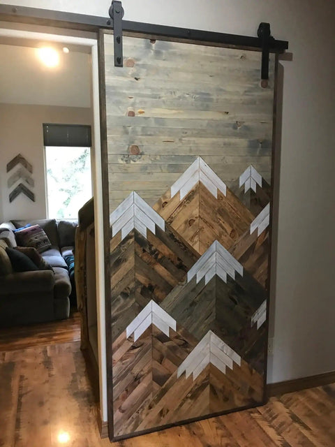 Space Saving Rustic Wood Mountains Sliding Barn Door For Home, Classic Farmhouse Style, Ideal Room Divider And Interior Door Replacement With Retro Industrial Vibe