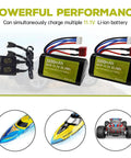 11.1V 3000mAh 15C 3S Li Ion Battery With T Plug And USB Charger For R608 2104 Brushless RC Boat And 210E 200E High Speed RC Car Fits Most RC Vehicles shown with compatible RC boat and car