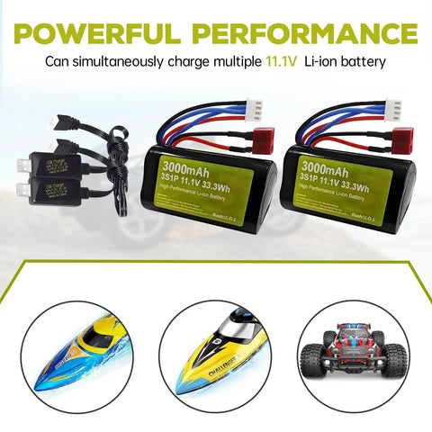 11.1V 3000mAh 15C 3S Li Ion Battery With T Plug And USB Charger For R608 2104 Brushless RC Boat And 210E 200E High Speed RC Car Fits Most RC Vehicles shown with compatible RC boat and car