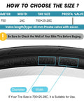 700X25-28C Road Bike Inner Tubes 2 Pack With 48mm Presta Valve Premium Butyl Rubber Puncture Resistant Replacement Tubes Includes Two Tire Levers Fits Most Road Bikes, showing tire size and valve type.