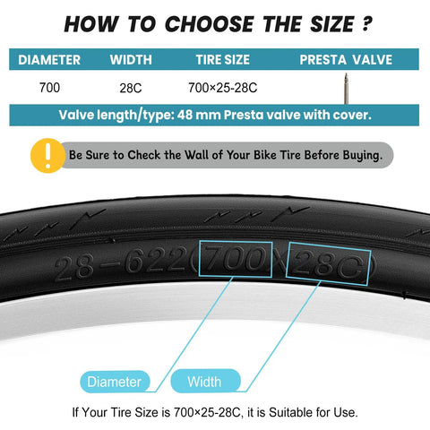 700X25-28C Road Bike Inner Tubes 2 Pack With 48mm Presta Valve Premium Butyl Rubber Puncture Resistant Replacement Tubes Includes Two Tire Levers Fits Most Road Bikes, showing tire size and valve type.